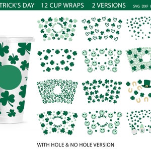 May include: Twelve printable cup wraps featuring St. Patrick's Day themed designs. The designs include shamrocks, hearts, smiley faces, leprechauns, and horseshoes. The wraps are available in two versions: with a hole and without a hole.