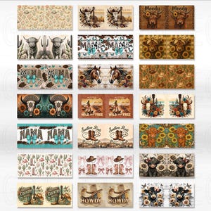 May include: A collection of rectangular designs with a country and western theme. Designs include floral patterns, cow skulls, horses, sunflowers, boots, hats, and the text "Wild and Free", "Mama", "Southern Roots", and "Howdy".
