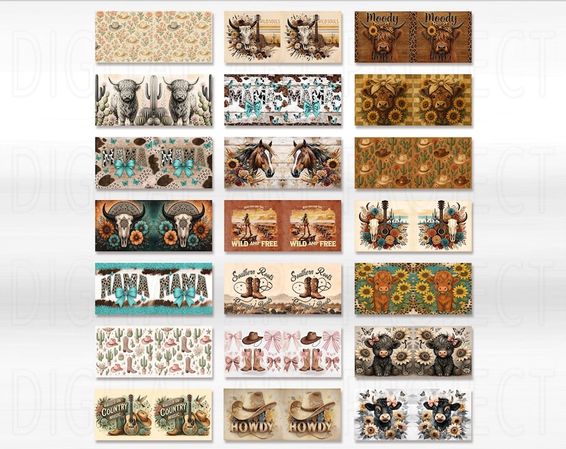 May include: A collection of rectangular designs with a country and western theme. Designs include floral patterns, cow skulls, horses, sunflowers, boots, hats, and the text "Wild and Free", "Mama", "Southern Roots", and "Howdy".