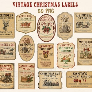 May include: A collection of vintage Christmas labels in various shapes, featuring festive themes like reindeer, candy canes, and Santa. The labels have a distressed, aged appearance with text such as "Reindeer Snack Station" and "Christmas Eve Express."