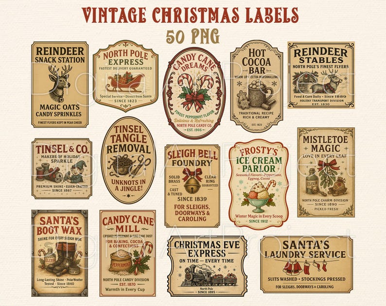 May include: A collection of vintage Christmas labels in various shapes, featuring festive themes like reindeer, candy canes, and Santa. The labels have a distressed, aged appearance with text such as "Reindeer Snack Station" and "Christmas Eve Express."