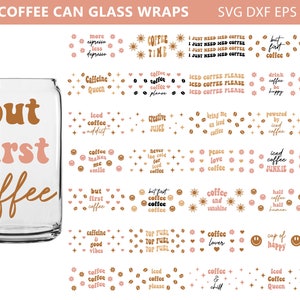 May include: A set of 35 coffee can glass wraps featuring various coffee-themed designs. The designs include phrases like "but first coffee", "iced coffee addict", "coffee and sunshine", and "coffee lover". The wraps are in a retro style with pink and brown colors.
