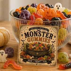 May include: A glass bowl filled with assorted Halloween-themed gummy candies in shapes of skulls, ghosts, and pumpkins. A square card in front displays the text Monster Gummies, Spooky Sweets, Boo-tiful Treats, and Sour Chewy Fun with illustrations.