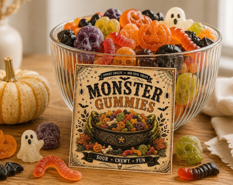 May include: A glass bowl filled with assorted Halloween-themed gummy candies in shapes of skulls, ghosts, and pumpkins. A square card in front displays the text Monster Gummies, Spooky Sweets, Boo-tiful Treats, and Sour Chewy Fun with illustrations.