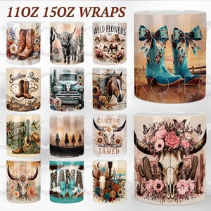 May include: Collection of ceramic mugs with Western-themed designs. Images include cowboy boots, longhorn skulls, horses, and vintage trucks. The mugs feature floral accents, butterflies, and the text "Southern Roots" and "Can't Be Tamed".