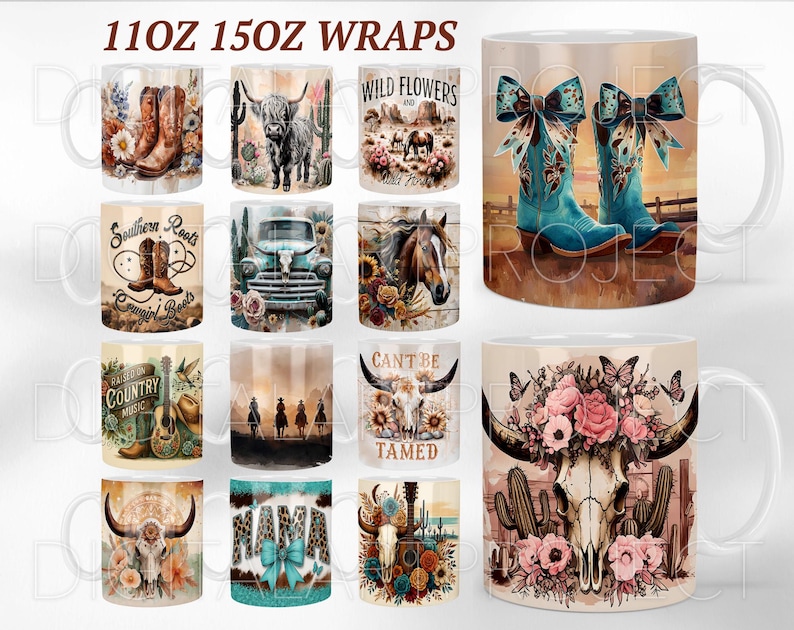 May include: Collection of ceramic mugs with Western-themed designs. Images include cowboy boots, longhorn skulls, horses, and vintage trucks. The mugs feature floral accents, butterflies, and the text "Southern Roots" and "Can't Be Tamed".