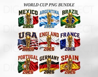 Może przedstawiać: Cyfrowy pakiet z flagami Meksyku, Argentyny, Brazylii, USA, Anglii, Francji, Portugalii, Niemiec i Hiszpanii. Każda flaga zawiera złote trofeum i rok 2026. Tekst "WORLD CUP PNG BUNDLE" znajduje się na górze.