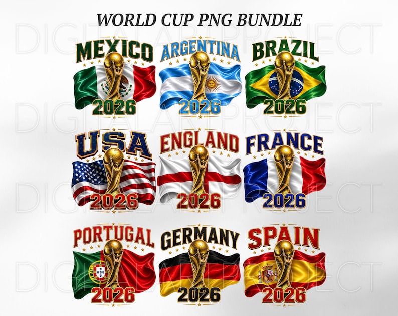 May include: A digital bundle featuring flags of Mexico, Argentina, Brazil, USA, England, France, Portugal, Germany, and Spain. Each flag includes a golden trophy and the year 2026. The text "WORLD CUP PNG BUNDLE" is at the top.