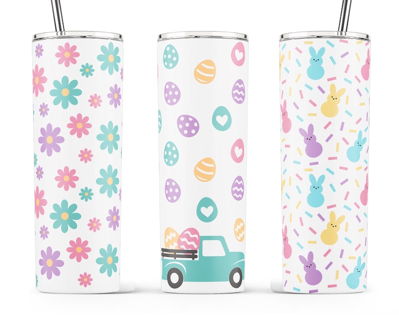 May include: Three stainless steel tumblers with different Easter-themed designs. The first tumbler has a pattern of pastel pink, purple, and blue flowers. The second tumbler has a pattern of pastel colored eggs and hearts with a turquoise truck carrying eggs. The third tumbler has a pattern of pastel colored bunnies and sprinkles.