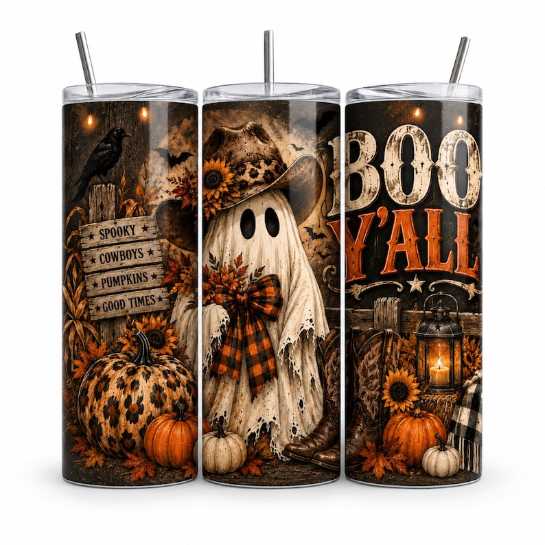 May include: A cylindrical tumbler with a straw featuring a Halloween-themed design. The print displays a ghost wearing a cowboy hat, a leopard-print pumpkin, sunflowers, a lantern, and a wooden sign with the text SPOOKY COWBOYS PUMPKINS GOOD TIMES.