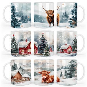 May include: Set of 10 ceramic mugs with winter holiday scenes. Each mug features a different design with a snowy landscape, a red house, a Christmas tree, and a Highland cow.