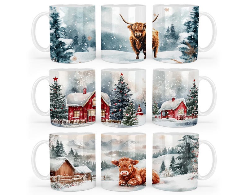 May include: Set of 10 ceramic mugs with winter holiday scenes. Each mug features a different design with a snowy landscape, a red house, a Christmas tree, and a Highland cow.