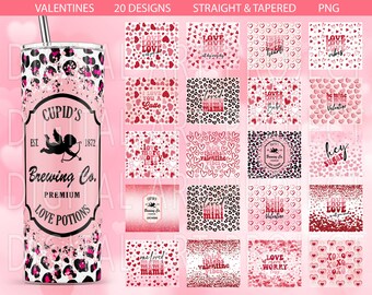 Valentinstag-Becher-PNG-Bundle, 20oz schmaler Sublimationsbecher-Design (PNG), Liebes-PNG, Valentinstag-Becher, Cupid's Brewing Co, Glitzer-Gepard
