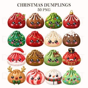 May include: A digital collection of 50 PNG files titled CHRISTMAS DUMPLINGS, featuring various round, cartoon-style dumplings with faces. Designs include red, green, brown, and white dumplings decorated with holiday themes like ornaments, Santa hats, reindeer antlers, snowmen, and Christmas lights.