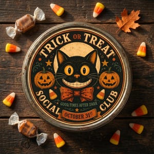 May include: A round metal tin featuring a black cat with large yellow eyes and a wide grin, wearing an orange polka-dot bow tie. The text reads TRICK OR TREAT SOCIAL CLUB, GOOD TIMES AFTER DARK, and OCTOBER 31ST, flanked by two orange pumpkins.