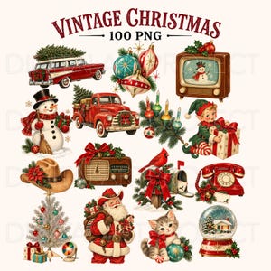 Puede incluir: Una colección digital de ilustraciones navideñas vintage que incluye una camioneta roja, un muñeco de nieve, un camión rojo, adornos, un televisor retro, un elfo, un sombrero de vaquero, una radio, un buzón, un teléfono antiguo y un gatito.