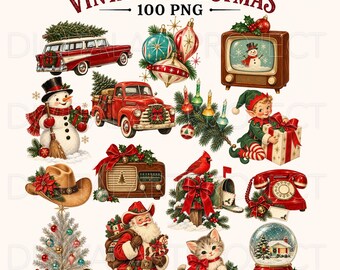 Vintage Christmas PNG Bundle, Retro Holiday Clipart, Santa Toys Ornaments, Christmas Nostalgic Illustrations