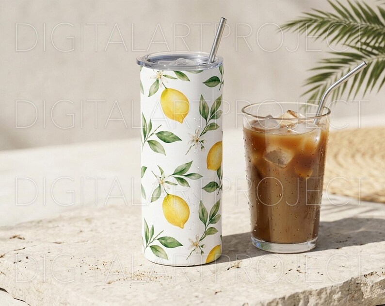 Puede incluir: Un vaso blanco con un estampado de lim&oacute;n y hojas, una pajita plateada y un vaso transparente de caf&eacute; helado. El vaso tiene una tapa plateada y est&aacute; decorado con limones amarillos y hojas verdes.
