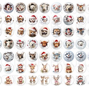 Puede incluir: Una colecci&oacute;n de dise&ntilde;os redondos con tem&aacute;tica navide&ntilde;a que presentan varios animales y figuras de Pap&aacute; Noel. Cada dise&ntilde;o muestra un animal o Pap&aacute; Noel emergiendo de un c&iacute;rculo blanco agrietado, usando un gorro de Pap&aacute; Noel. Incluye perros, gatos, ciervos y mu&ntilde;ecos de nieve.
