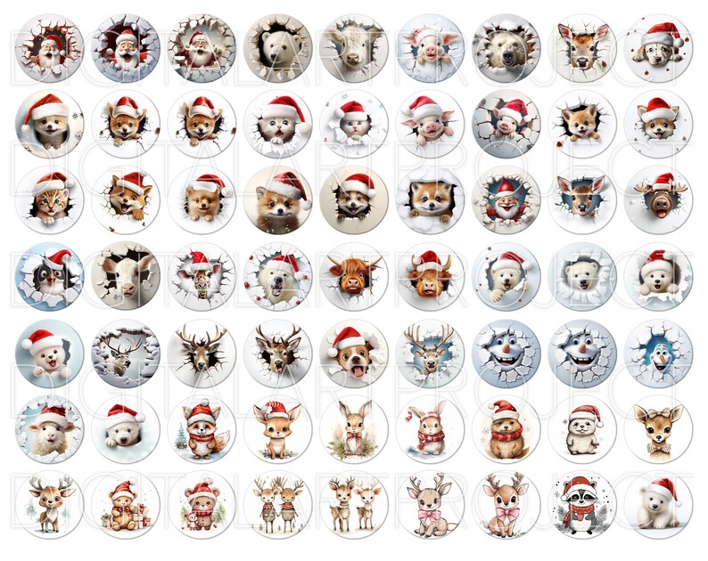 Puede incluir: Una colecci&oacute;n de dise&ntilde;os redondos con tem&aacute;tica navide&ntilde;a que presentan varios animales y figuras de Pap&aacute; Noel. Cada dise&ntilde;o muestra un animal o Pap&aacute; Noel emergiendo de un c&iacute;rculo blanco agrietado, usando un gorro de Pap&aacute; Noel. Incluye perros, gatos, ciervos y mu&ntilde;ecos de nieve.