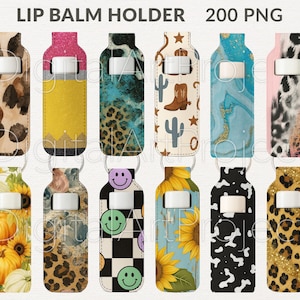 May include: An assortment of lip balm holders featuring diverse patterns such as animal prints, a pencil, a cowboy boot with cactus, a smiley face, and sunflowers. Each holder includes a keyring and a white rectangular opening for the lip balm. The text "LIP BALM HOLDER 200 PNG" is visible at the top.