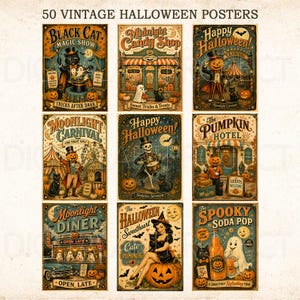 May include: A collection of 50 vintage Halloween posters featuring various illustrations including a black cat magic show, a candy shop, a pumpkin carnival, a skeleton playing drums, a pumpkin hotel, a diner, a woman with a pumpkin, and soda pop.
