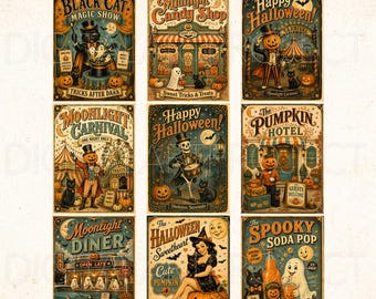 Vintage Halloween Posters Bundle, Halloween Printable Wall Art, Halloween Illustrations, Retro Halloween Prints, Spooky Decor, Halloween PNG