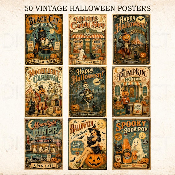 Vintage Halloween Posters Bundle, Halloween Printable Wall Art, Halloween Illustrations, Retro Halloween Prints, Spooky Decor, Halloween PNG