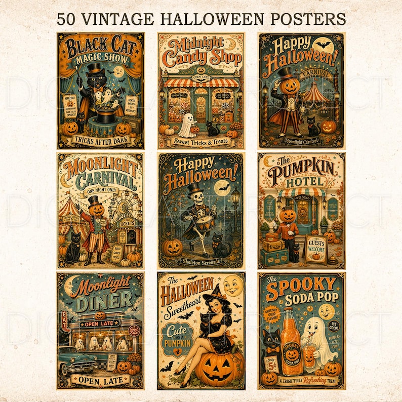 May include: A collection of 50 vintage Halloween posters featuring various illustrations including a black cat magic show, a candy shop, a pumpkin carnival, a skeleton playing drums, a pumpkin hotel, a diner, a woman with a pumpkin, and soda pop.