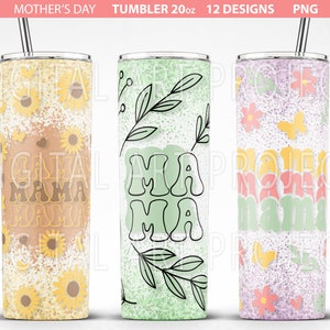 May include: Three 20 oz tumblers with different designs. The first tumbler has a yellow and brown background with sunflowers and the text "Gama Mama Mama". The second tumbler has a green background with leaves and the text "Mia Mia". The third tumbler has a purple background with flowers and butterflies and the text "Mama Mama Mama".