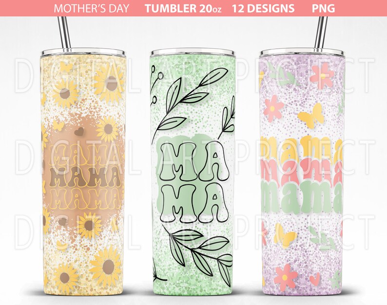 May include: Three 20 oz tumblers with different designs. The first tumbler has a yellow and brown background with sunflowers and the text "Gama Mama Mama". The second tumbler has a green background with leaves and the text "Mia Mia". The third tumbler has a purple background with flowers and butterflies and the text "Mama Mama Mama".