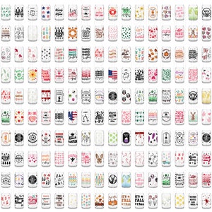May include: A collection of 100 different designs for can coolers. The designs feature a variety of themes, including fall, holidays, and everyday sayings. The designs are printed on white can coolers.