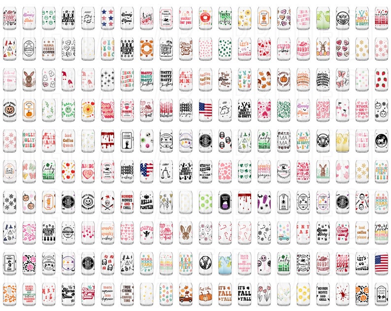 May include: A collection of 100 different designs for can coolers. The designs feature a variety of themes, including fall, holidays, and everyday sayings. The designs are printed on white can coolers.