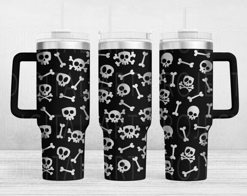 May include: Black travel mug with a white skull and crossbones pattern. The tumbler has a black handle and a clear lid. The design features various skull and bone illustrations, creating a spooky aesthetic.