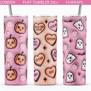 May include: Three 20 ounce pink stainless steel tumblers with different Halloween designs. The first tumbler has a pink background with white daisies and orange pumpkins with happy faces. The second tumbler has a peach background with black hearts and candy hearts that say "Trick or Treat", "Bite Me", "Spooky", "Witchy", "Boo", and "With Pleas". The third tumbler has a pink background with white daisies, black bats, and white ghosts with happy faces.