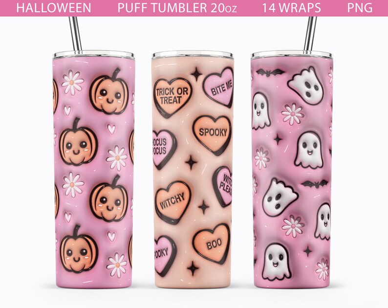 May include: Three 20 ounce pink stainless steel tumblers with different Halloween designs. The first tumbler has a pink background with white daisies and orange pumpkins with happy faces. The second tumbler has a peach background with black hearts and candy hearts that say "Trick or Treat", "Bite Me", "Spooky", "Witchy", "Boo", and "With Pleas". The third tumbler has a pink background with white daisies, black bats, and white ghosts with happy faces.