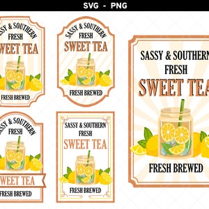 May include: A collection of vintage-style signs for sweet tea. Each sign features a mason jar filled with iced tea and lemon slices, surrounded by lemons and mint leaves. The text reads "Sassy & Southern Fresh Sweet Tea, Fresh Brewed."