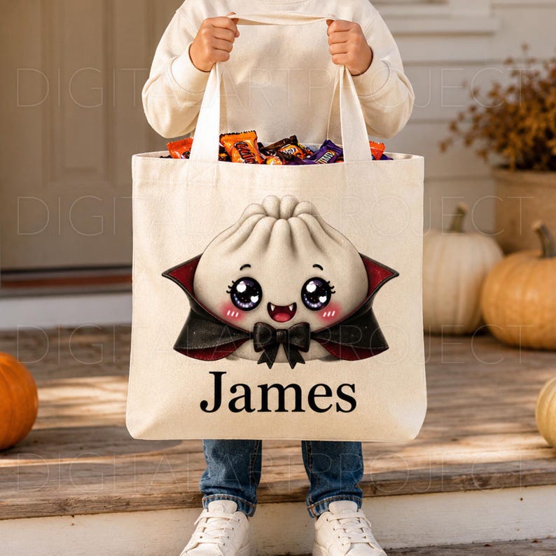 May include: A cream-colored canvas tote bag featuring a graphic of a cartoon dumpling dressed as a vampire with a black cape and bow tie. The name James is printed in black text below the dumpling. The bag is filled with assorted candy.