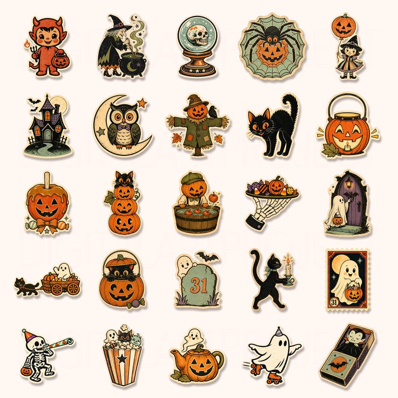 May include: A collection of twenty-five Halloween-themed stickers featuring illustrations of pumpkins, ghosts, black cats, witches, skeletons, a haunted house, a skull in a crystal ball, a scarecrow, and a tombstone with the number 31 printed on it.