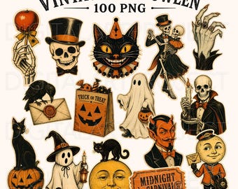 Vintage Halloween Clipart Bundle, Retro Halloween PNG, Halloween Stickers, Spooky Clipart, Junk Journal Ephemera, Halloween Sublimation Png