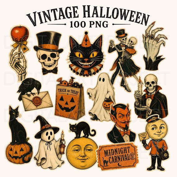Vintage Halloween Clipart Bundle, Retro Halloween PNG, Halloween Stickers, Spooky Clipart, Junk Journal Ephemera, Halloween Sublimation Png