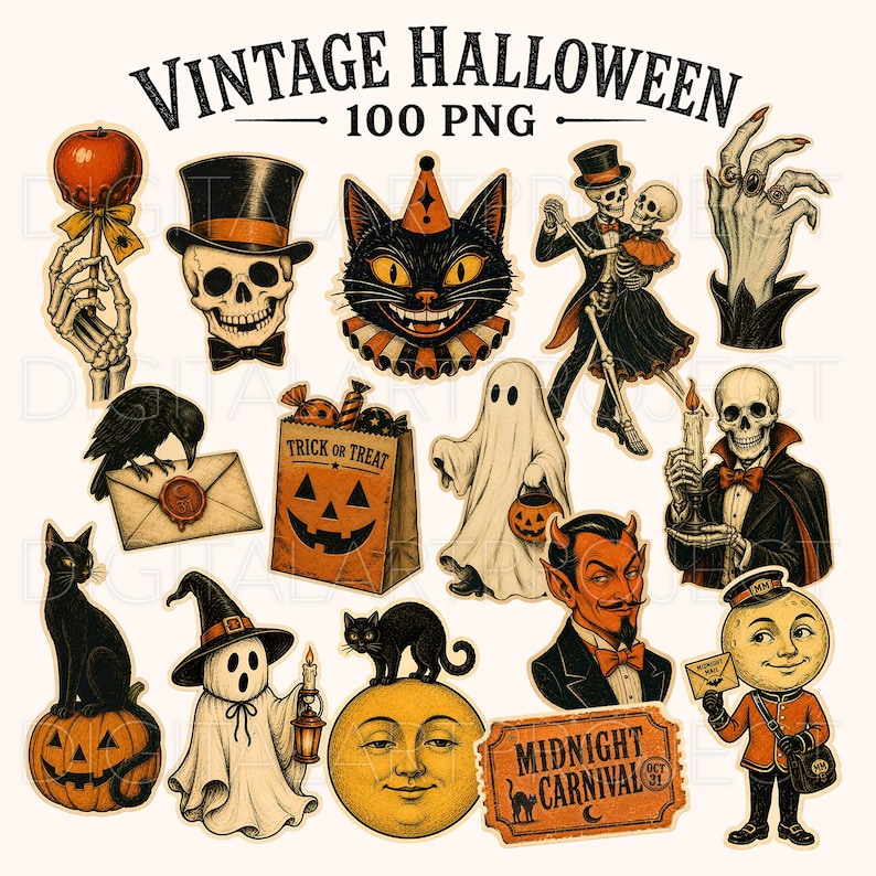 Vintage Halloween Clipart Bundle, Retro Halloween PNG, Halloween Stickers, Spooky Clipart, Junk Journal Ephemera, Halloween Sublimation Png image 1