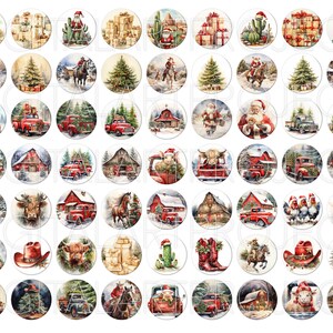 Puede incluir: Una colecci&oacute;n de im&aacute;genes redondas con tem&aacute;tica navide&ntilde;a en acuarela. Las ilustraciones presentan a Pap&aacute; Noel, camiones rojos, graneros, cactus, caballos y regalos. Algunas im&aacute;genes incluyen sombreros de vaquero, botas y animales de granja con gorros de Pap&aacute; Noel.