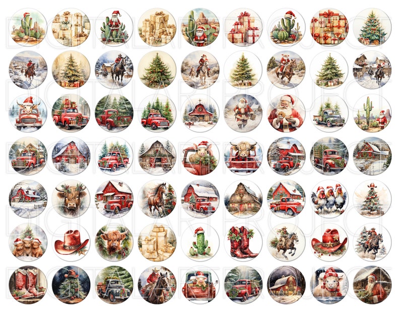 Puede incluir: Una colecci&oacute;n de im&aacute;genes redondas con tem&aacute;tica navide&ntilde;a en acuarela. Las ilustraciones presentan a Pap&aacute; Noel, camiones rojos, graneros, cactus, caballos y regalos. Algunas im&aacute;genes incluyen sombreros de vaquero, botas y animales de granja con gorros de Pap&aacute; Noel.