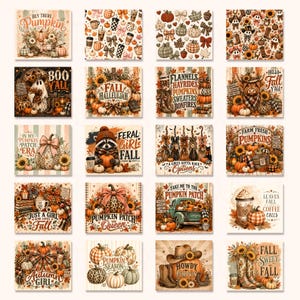 May include: A collection of twenty square digital art prints featuring autumn themes, including pumpkins, sunflowers, ghosts, farm animals, coffee cups, and seasonal text like Hey There Pumpkin, Fall Hallelujah, and Feral Girl Fall in warm tones.