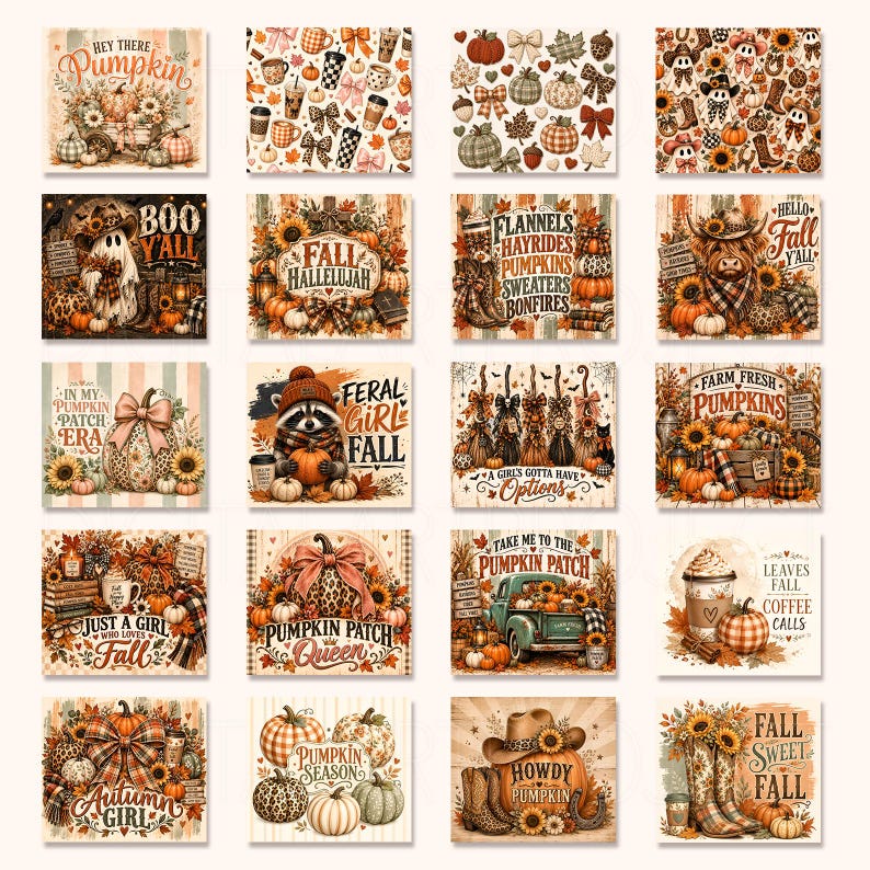 May include: A collection of twenty square digital art prints featuring autumn themes, including pumpkins, sunflowers, ghosts, farm animals, coffee cups, and seasonal text like Hey There Pumpkin, Fall Hallelujah, and Feral Girl Fall in warm tones.