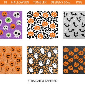 Puede incluir: 18 Dise&ntilde;os de Vasos de Halloween 20oz PNG.  Conjunto de seis dise&ntilde;os diferentes con temas de Halloween como fantasmas, murci&eacute;lagos, calabazas y ojos. Cada dise&ntilde;o est&aacute; sobre un fondo brillante.