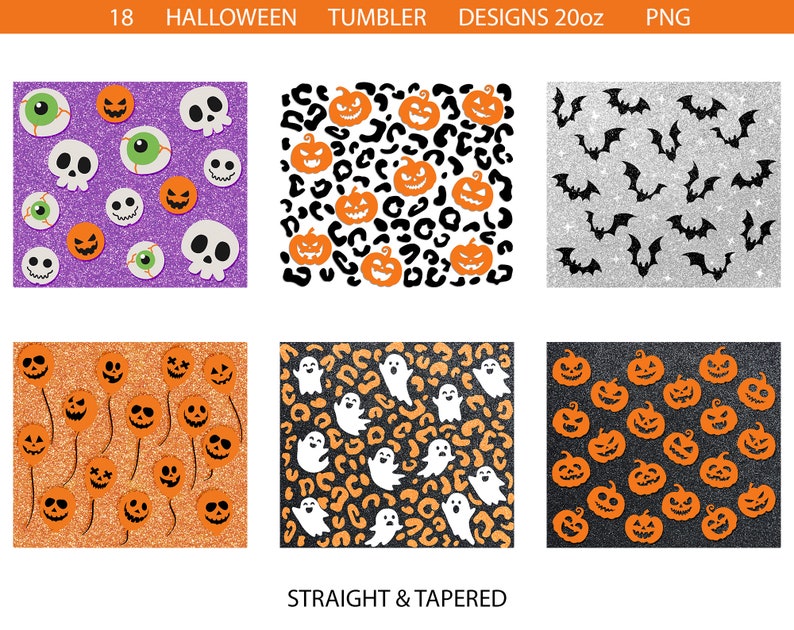 Puede incluir: 18 Dise&ntilde;os de Vasos de Halloween 20oz PNG.  Conjunto de seis dise&ntilde;os diferentes con temas de Halloween como fantasmas, murci&eacute;lagos, calabazas y ojos. Cada dise&ntilde;o est&aacute; sobre un fondo brillante.