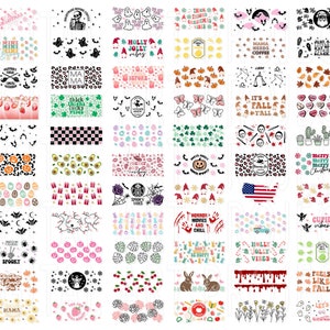May include: A collection of 48 colorful digital designs featuring various holiday and seasonal themes, including Halloween, Christmas, fall, and summer. The designs include text, patterns, and illustrations.