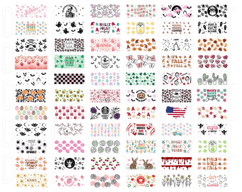 May include: A collection of 48 colorful digital designs featuring various holiday and seasonal themes, including Halloween, Christmas, fall, and summer. The designs include text, patterns, and illustrations.